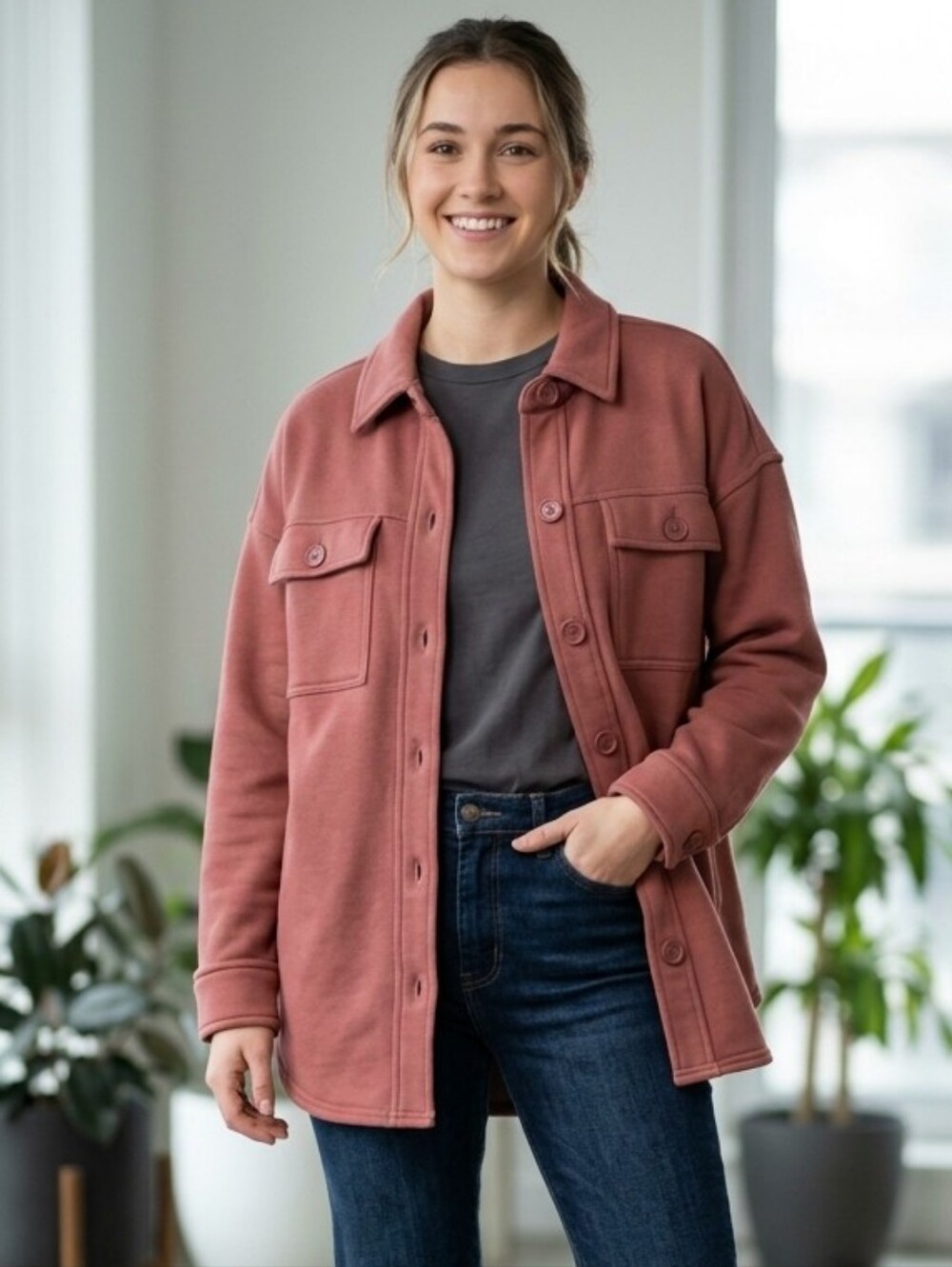 LAZYPANTS Fleece Shirt Jacket Shacket Dusty Rose Pink Plum Size XS Fall Pockets
